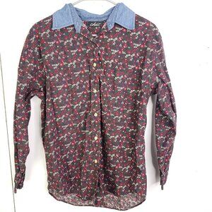Vintage Shirt Womens Small Chic All Over Florals Contrast Denim Collar Cabin